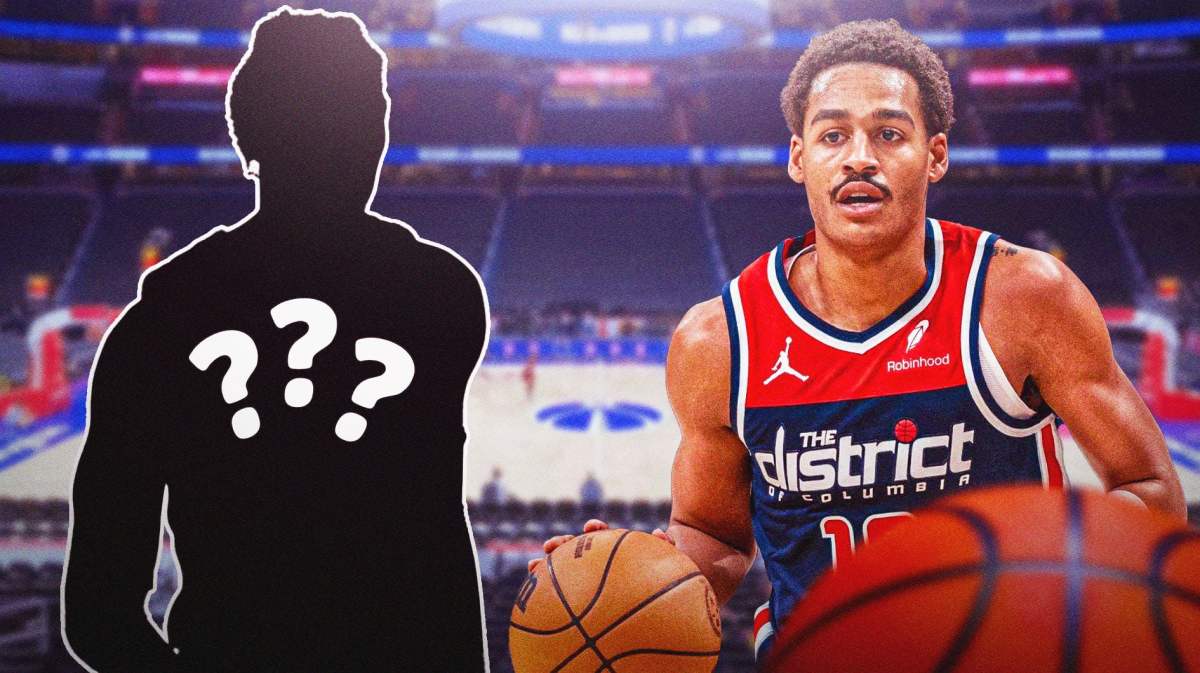 Wizards' Jordan Poole next to the Silhouette of Wizards' Delon Wright.