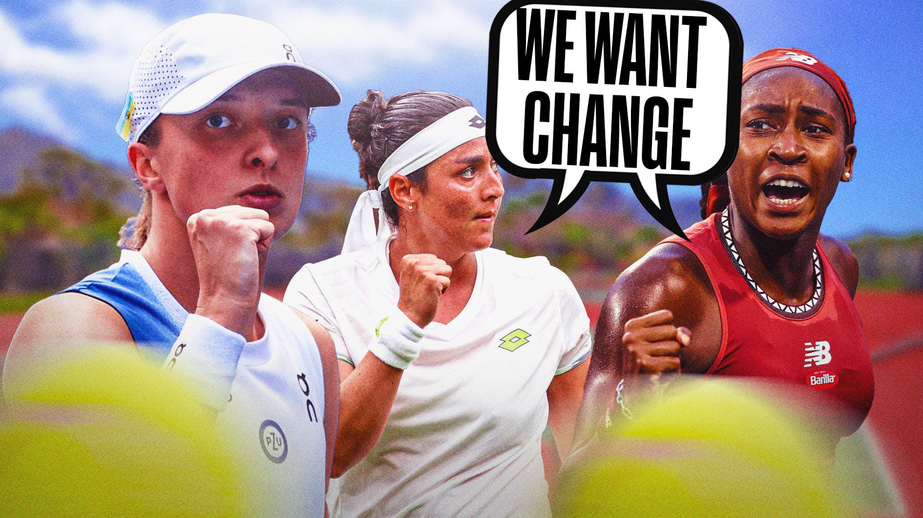 WTA players Iga Swiatek, Coco Gauff and Ons Jabeur on a tennis court with a text bubble above them saying “We want change
