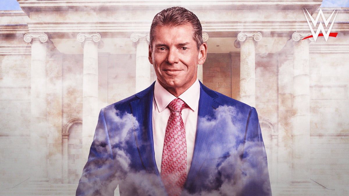 Vince McMahon in front of a courthouse with the WWE logo on it.