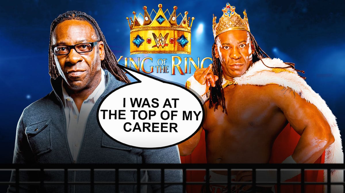 Booker T with a text bubble reading “I was at the top of my career” next to King Booker T with the King of the Ring logo as the background.