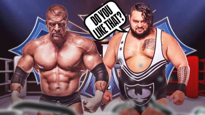 Bronson Reed with a text bubble reading “Do you like that?” next to Triple H with the NJPW G1 Climax logo as the background.