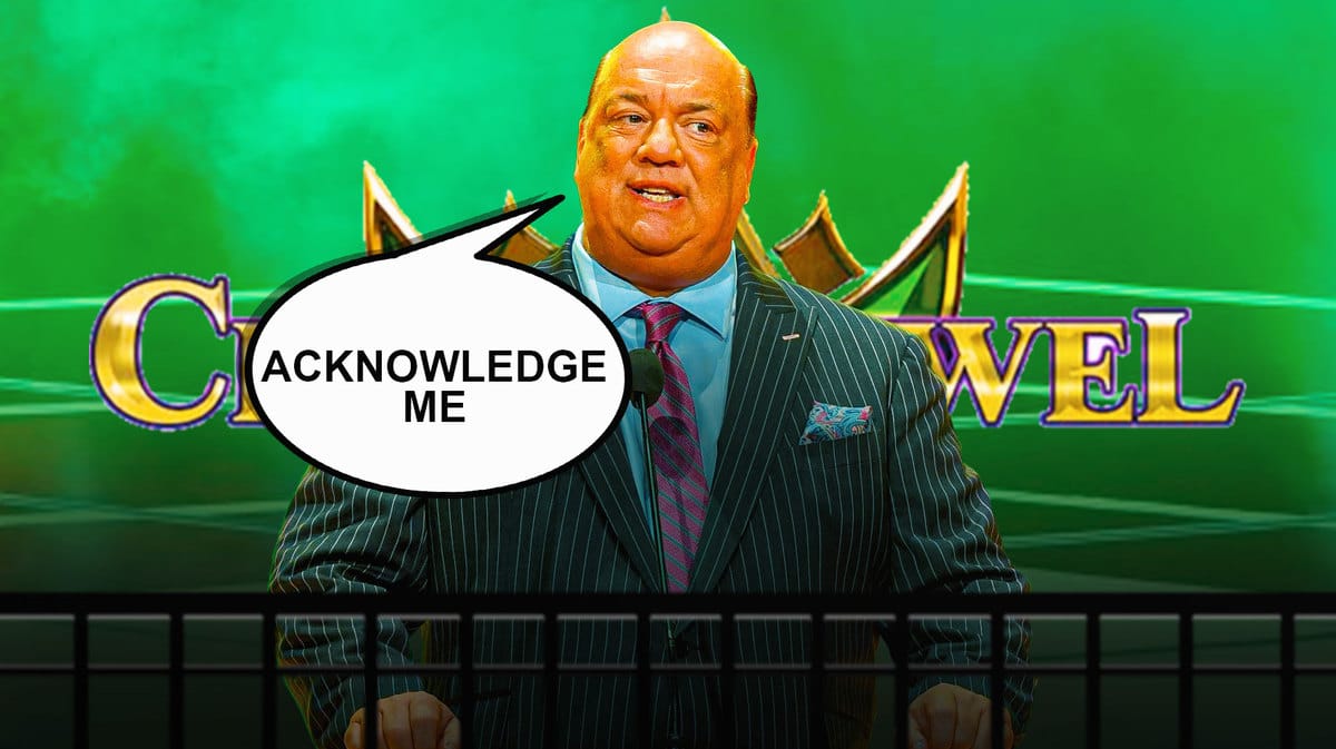 Paul Heyman with a text bubble reading “Acknowledge me” in front of the Crown Jewel logo.