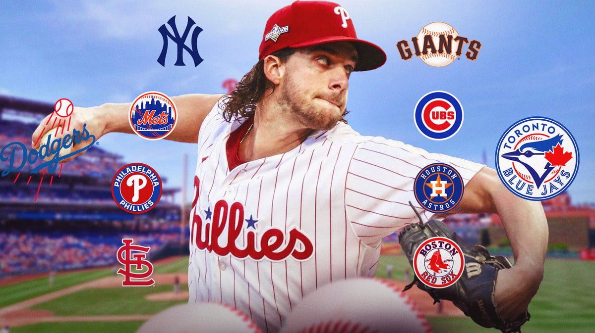 Phillies' Aaron Nola pitching a baseball. 10 MLB team logos next to him