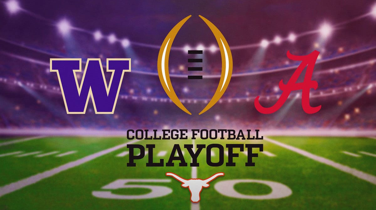 Washington football, Alabama football, Texas football logos, with College Football playoff logo in the middle