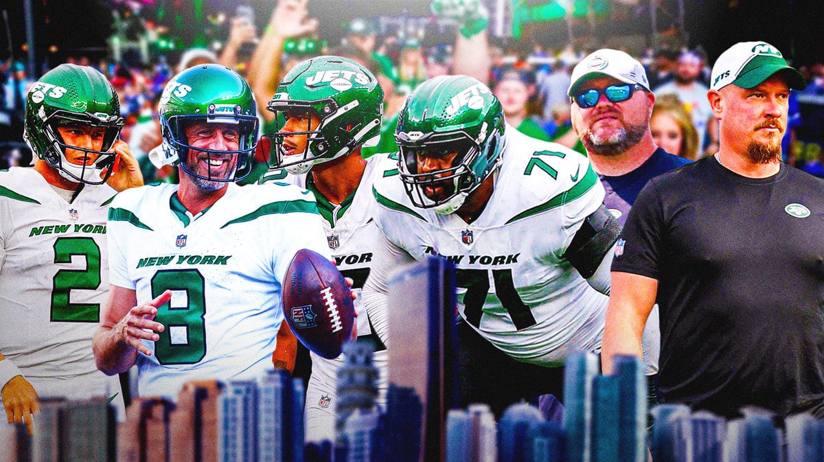 Zach Wilson, Aaron Rodgers, Allen Lazard, Dalvin Cook, Duane Brown and Joe Douglas front and center at MetLife Stadium