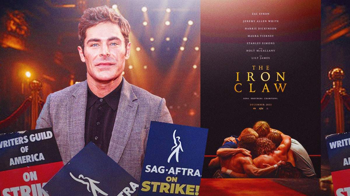 Zac Efron next to The Iron Claw poster with red carpet background and WGA and SAG-AFTRA strike picket signs.