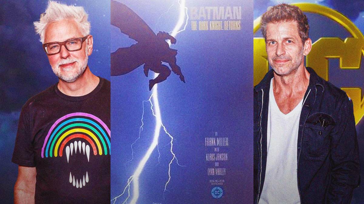 James Gunn next to The Dark Knight Returns cover, Zack Snyder and DCU logo.