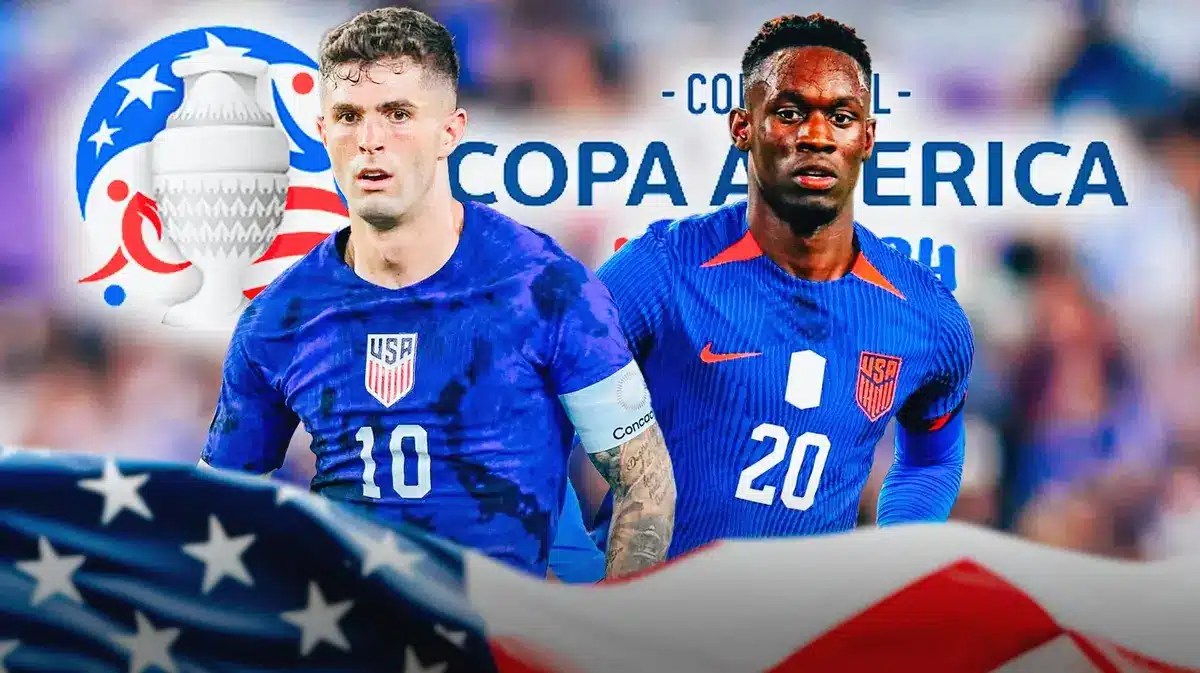 Folarin Balogun, Christian Pulisic in front of the Copa America2024 logo