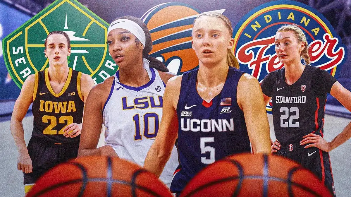 Iowa women’s basketball player Caitlin Clark, UConn women’s basketball player Paige Bueckers, Stanford women’s basketball player Cameron Brink, LSU women’s basketball player Angel Reese, with different WNBA team logos behind them like the Indiana Fever logo, the Phoenix Mercury logo, and the Seattle Storm logo
