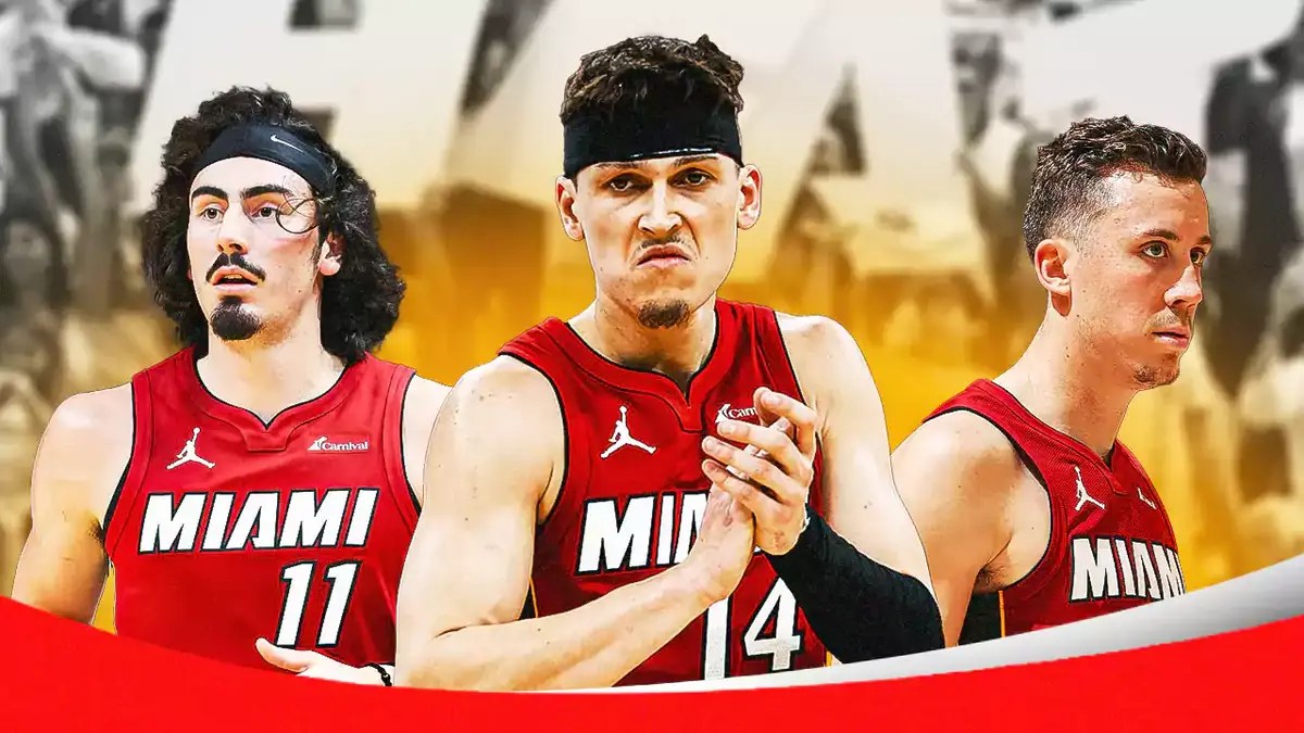 Miami Heat's Tyler Herro, Jaime Jaquez Jr., and Duncan Robinson in front of the Kaseya Center.