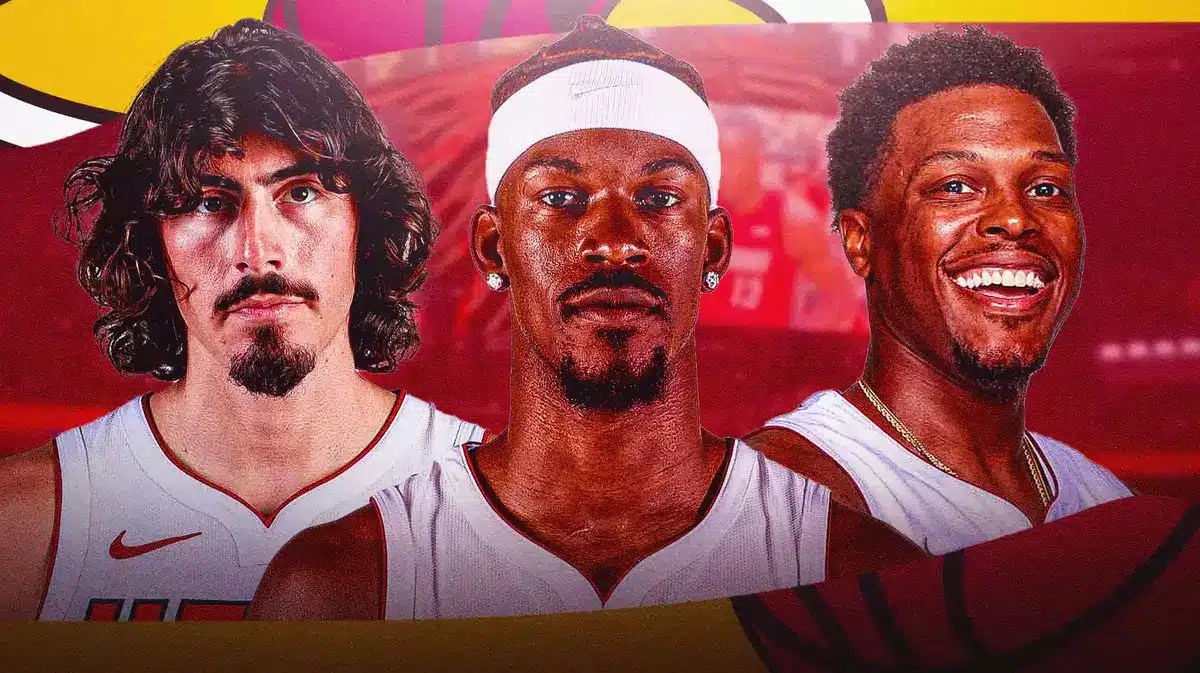 Miami Heat's Jaime Jaquez Jr., Jimmy Butler, and Kyle Lowry.
