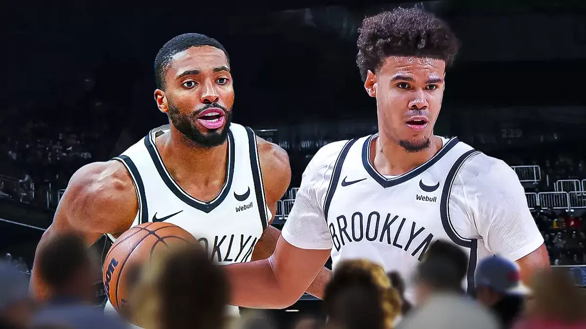 Action shots of Mikal Bridges and Cameron Johnson (both Nets)