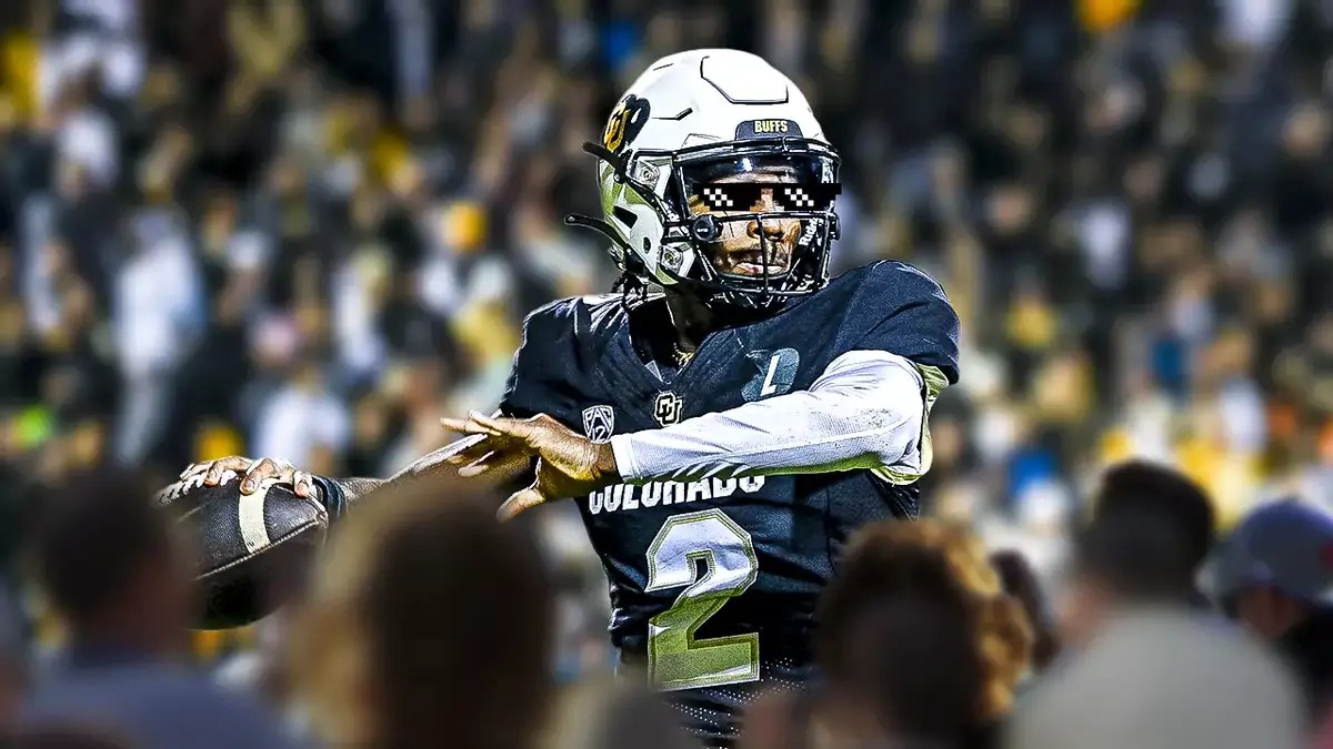 Action shot of Shedeur Sanders (Colorado football) with deal with it shades