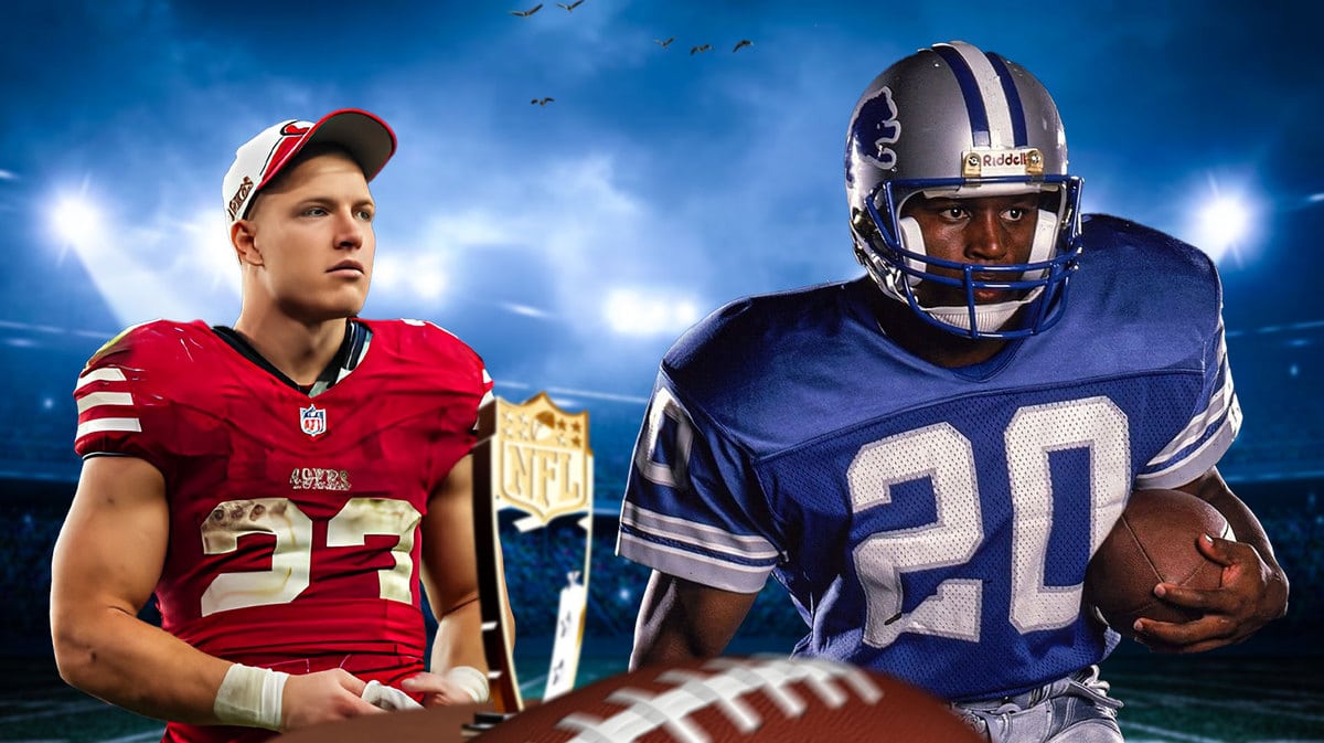 49ers Brock Purdy teammate Christian McCaffrey with Barry Sanders and NFL MVP trophy