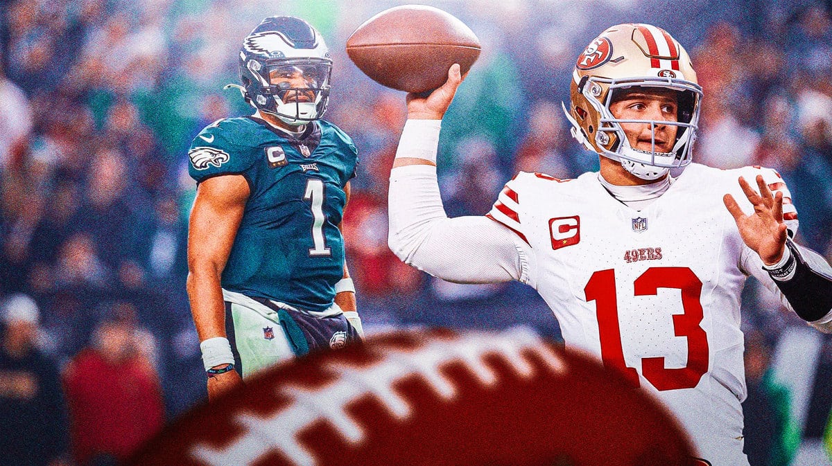 49ers' Brock Purdy throwing a football. Eagles' Jalen Hurts in background looking serious.