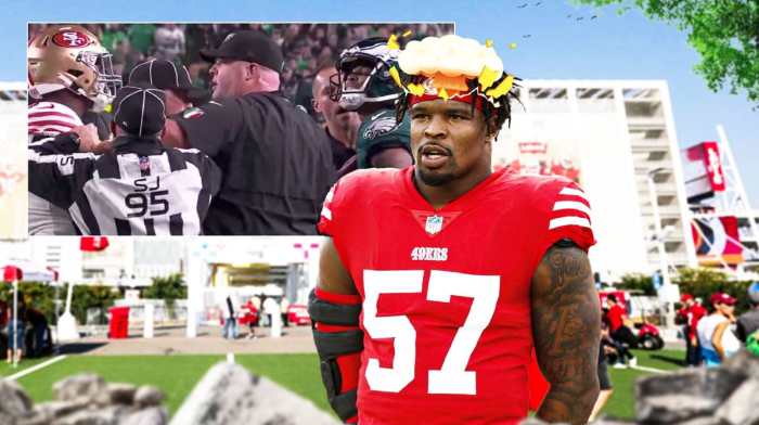 Dre Greenlaw with mind-blown head, with screenshot of fight