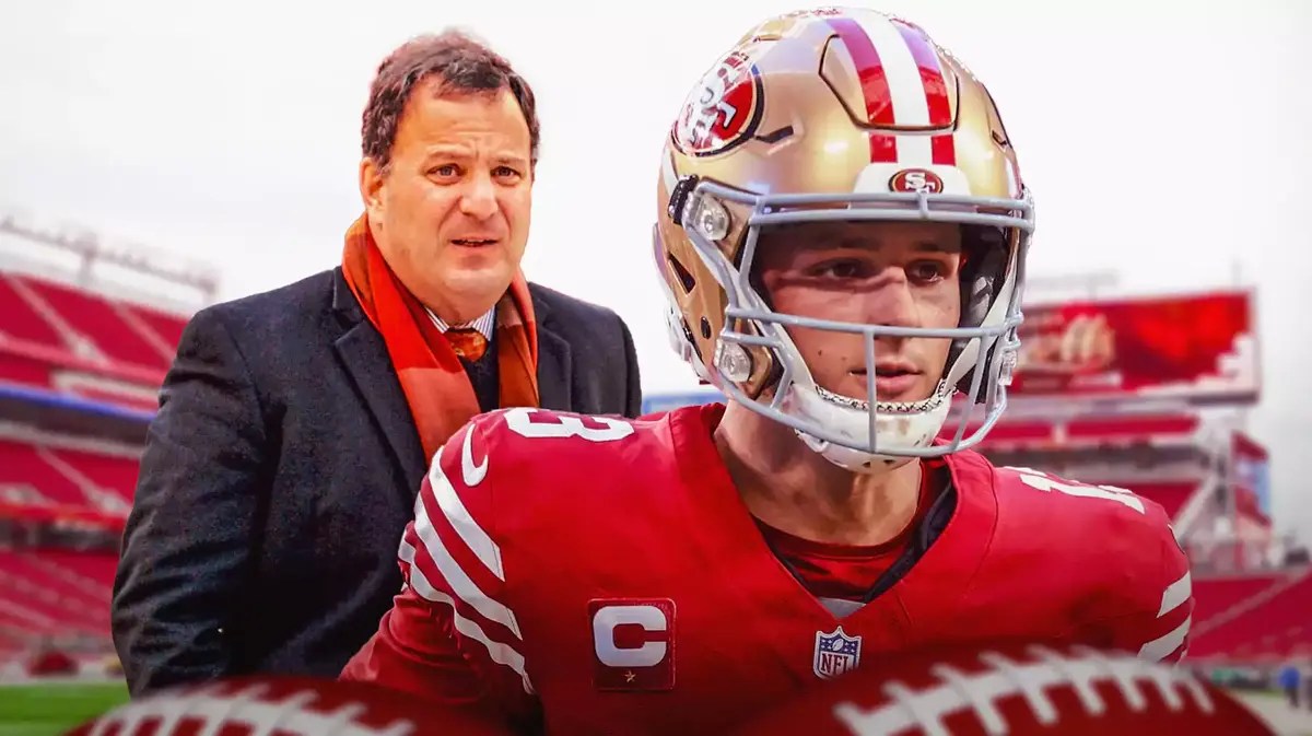 NFL analyst Michael Lombardi and San Francisco 49ers star Brock Purdy in front of Levi's Stadium.