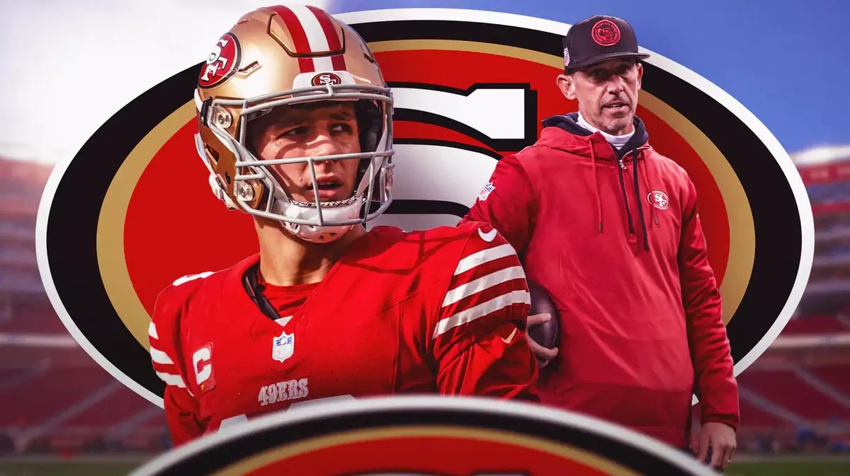 Brock Purdy and Kyle Shanahan in 49ers gear next to each other with Niners logo in the background