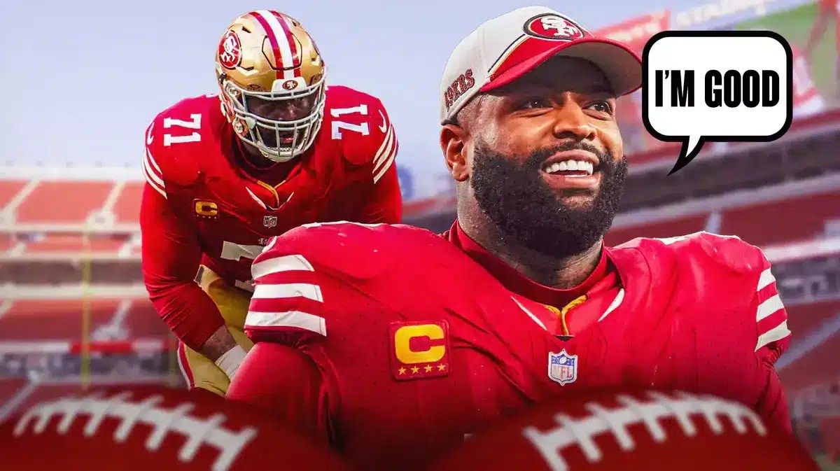 Trent Williams in a 49ers uniform saying "I'm good"