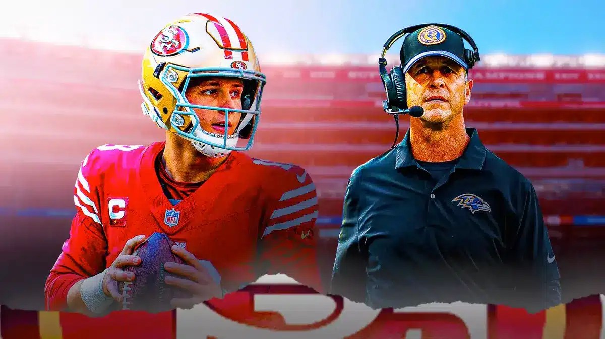 Brock Purdy in 49ers uniform, John Harbaugh in Ravens gear