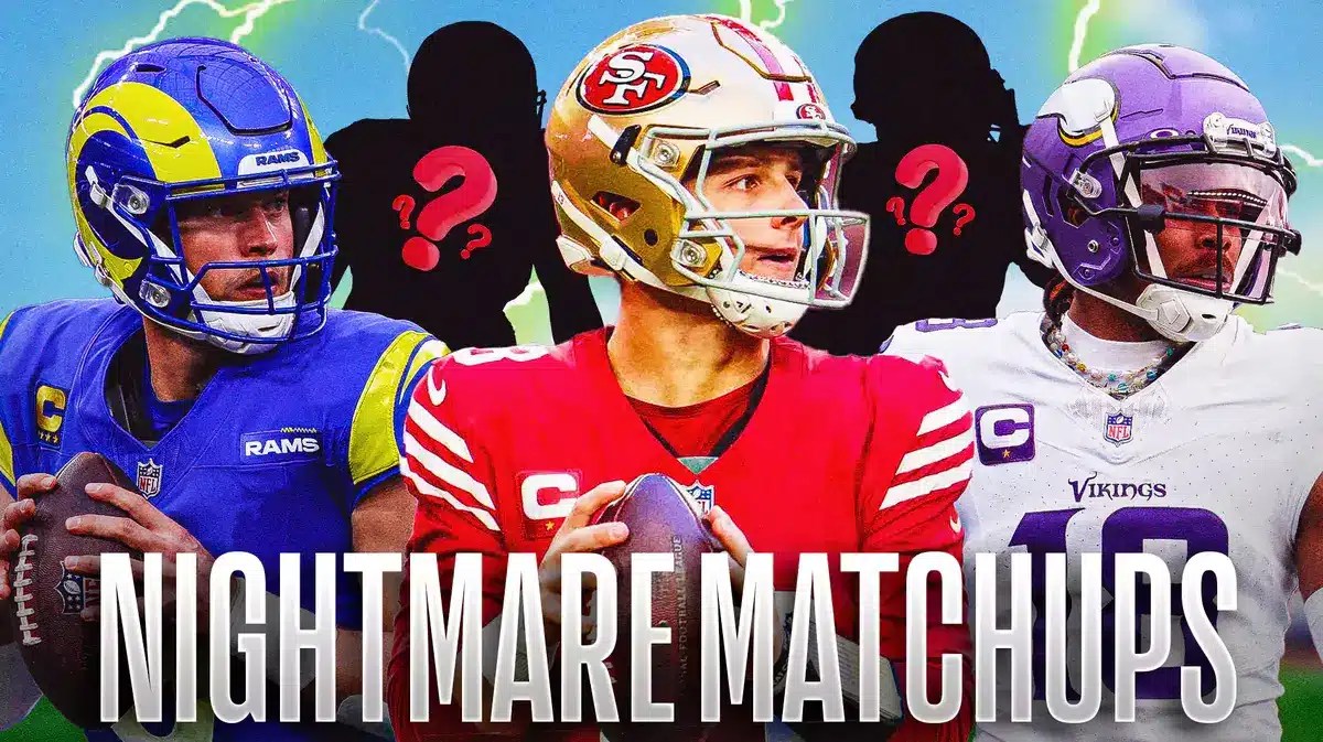 Lamar Jackson in the middle, Patrick Mahomes and Matthew Stafford around him, Two other mystery players around them, and Lightning in the background.