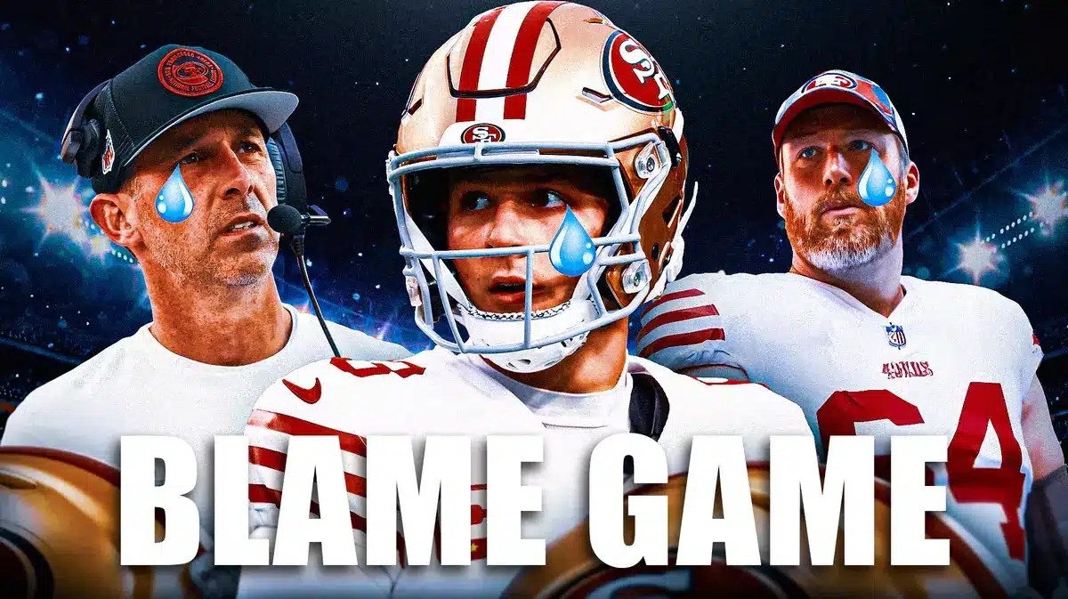 Brock Purdy, Kyle Shanahan, Jake Brendel all with tear emojis 💧 and with ashes in the background.