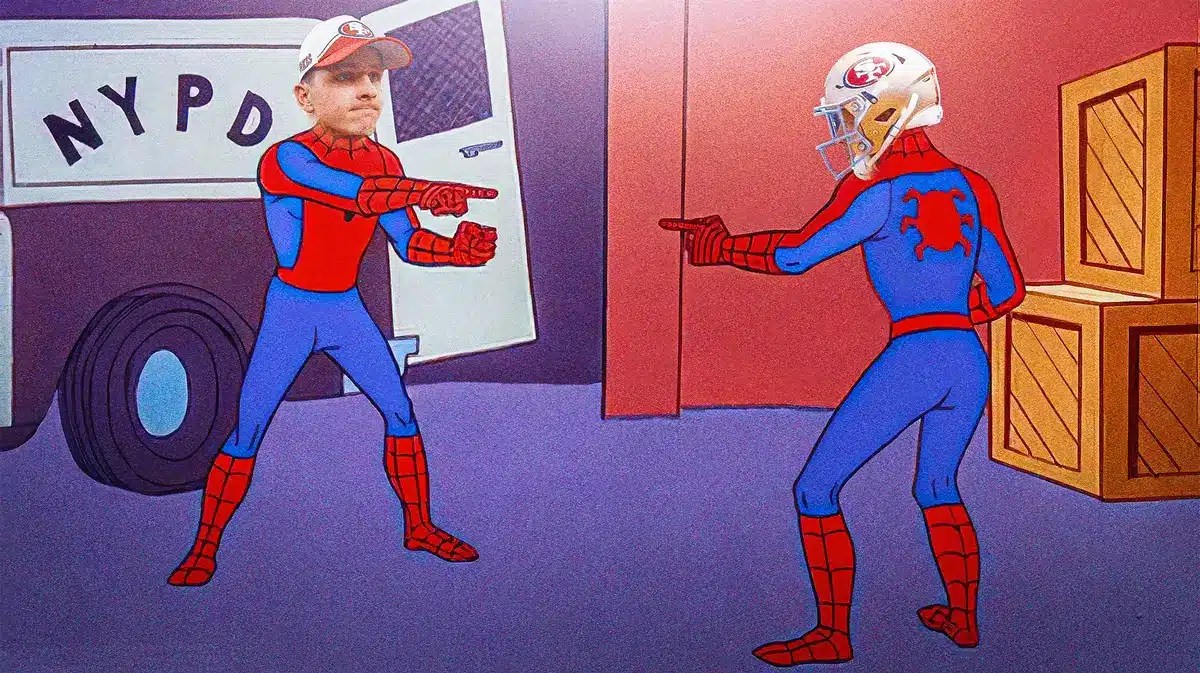 Thumb: 49ers' Brock Purdy, Christian McCaffrey edited into spiderman pointing meme.