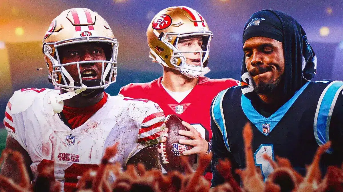 Brock Purdy between Deebo Smauel and Cam Newton