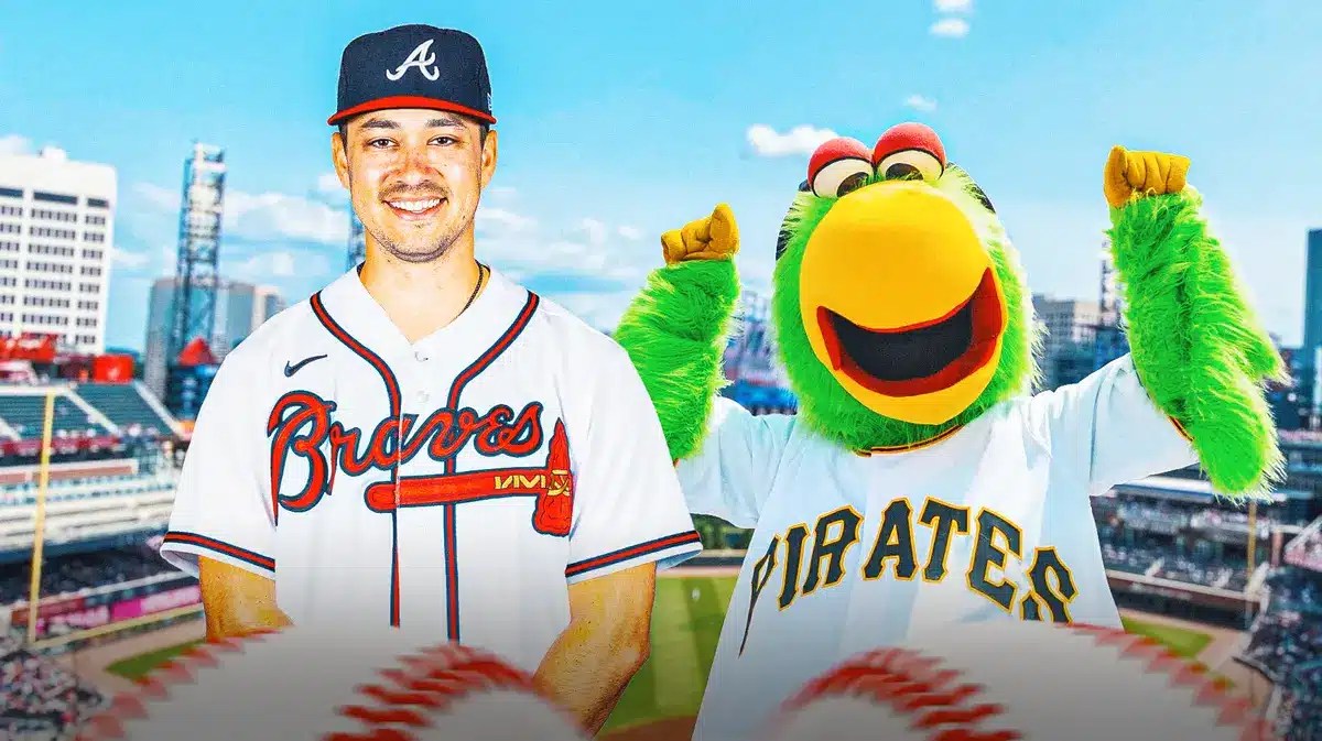Marco Gonzales (Braves) with Pittsburgh Pirates mascot