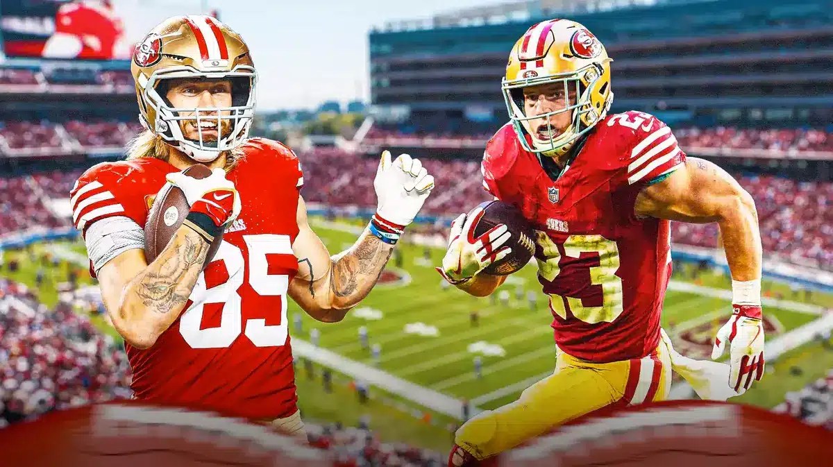 George Kittle on the left beside Christian McCaffrey