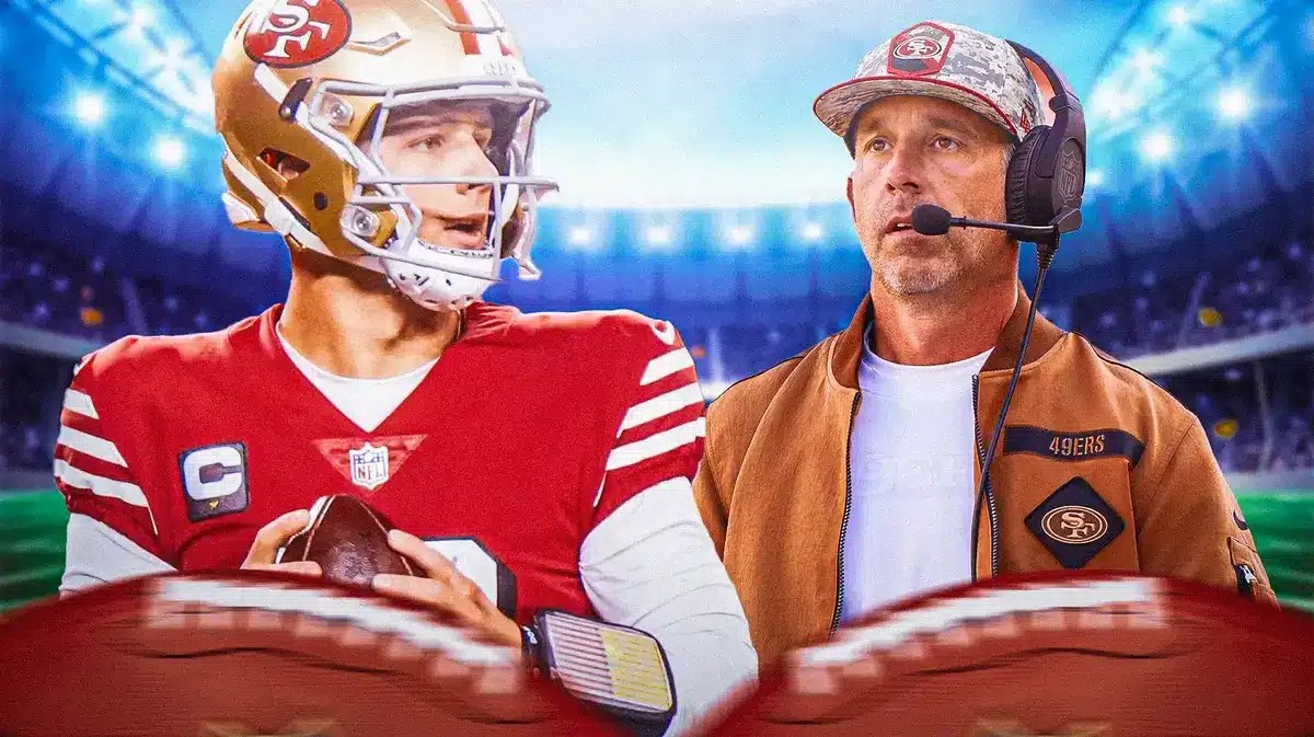 San Francisco 49ers star Brock Purdy next to head coach Kyle Shanahan in front of Levis Stadium.