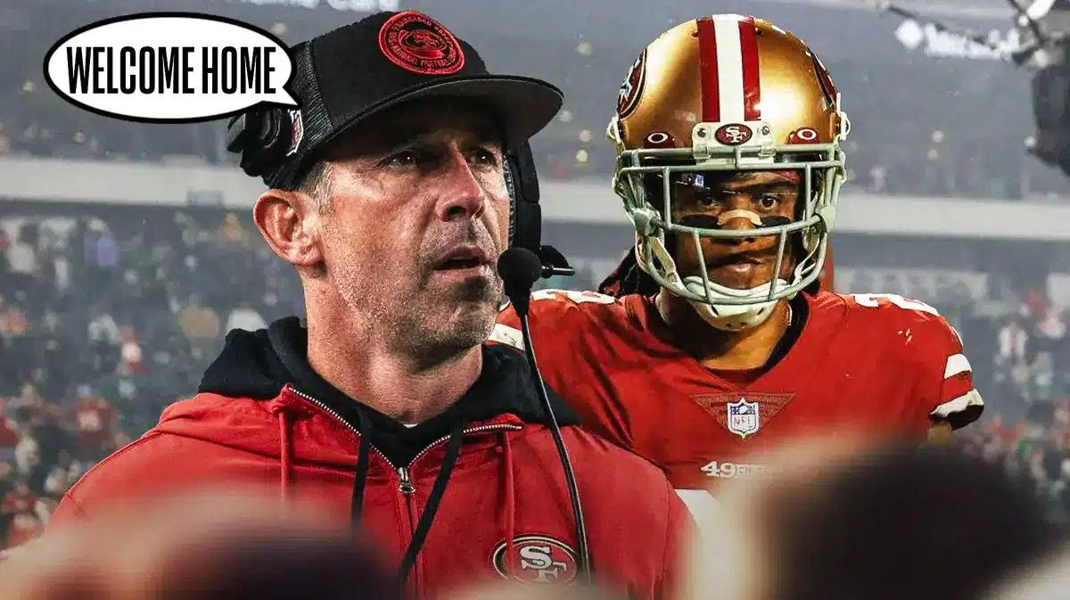 San Francisco 49ers head coach Kyle Shanahan and speech bubble “Welcome Home” and cornerback Jason Verrett (in 49ers uniform)