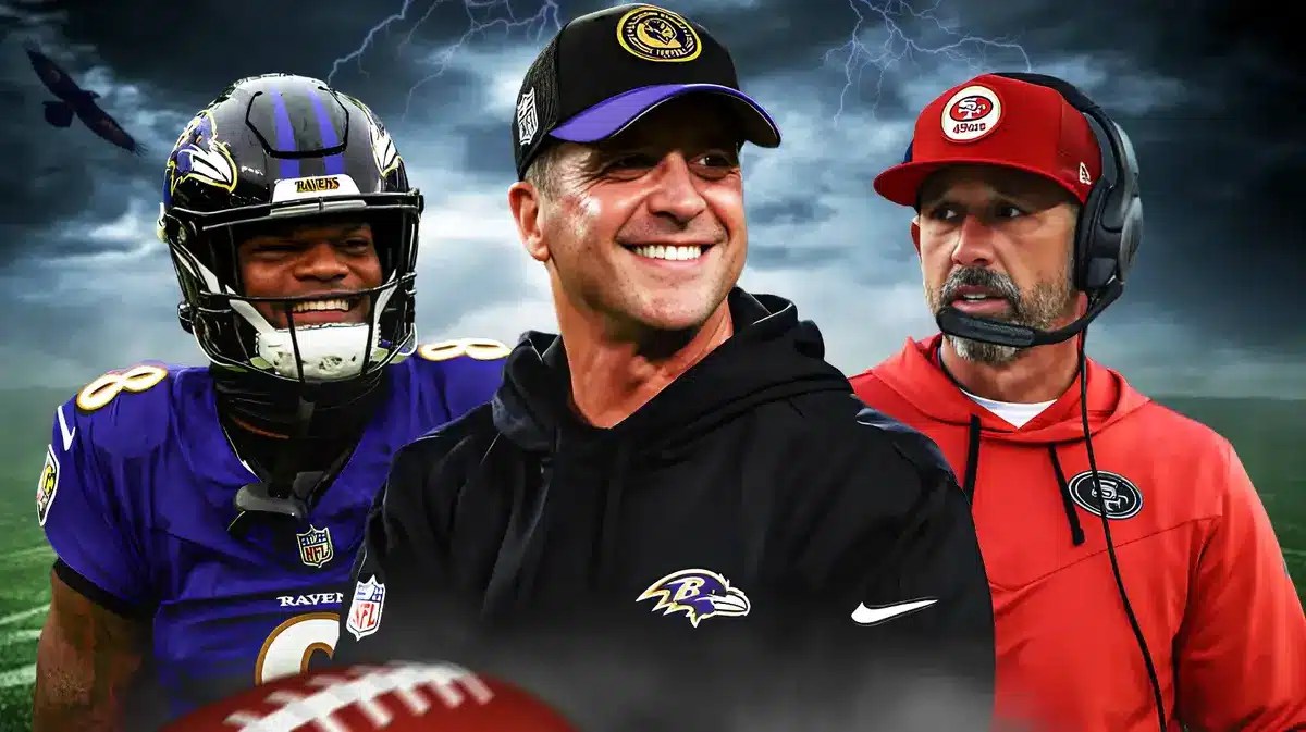 49ers Kyle Shanahan with Ravens John Harbaugh and Lamar Jackson