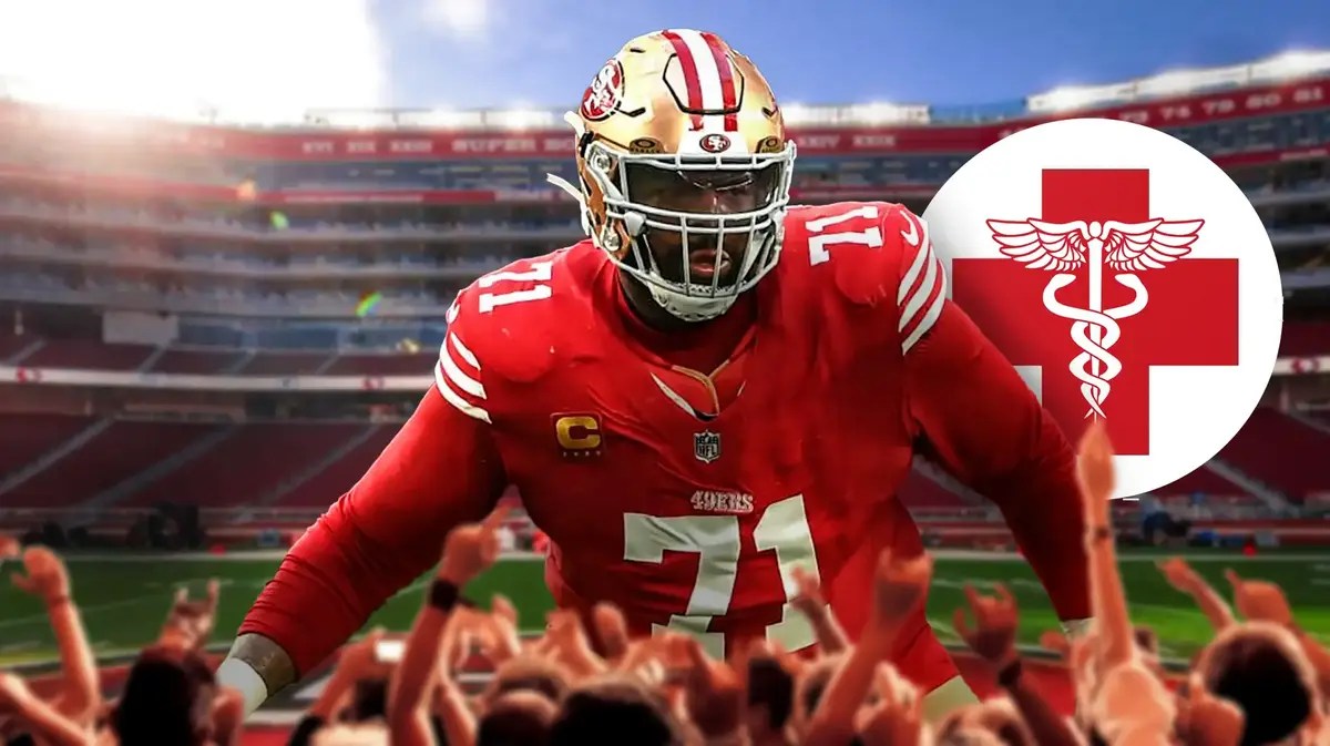 action shot of Trent Williams (49ers) with medical cross symbol