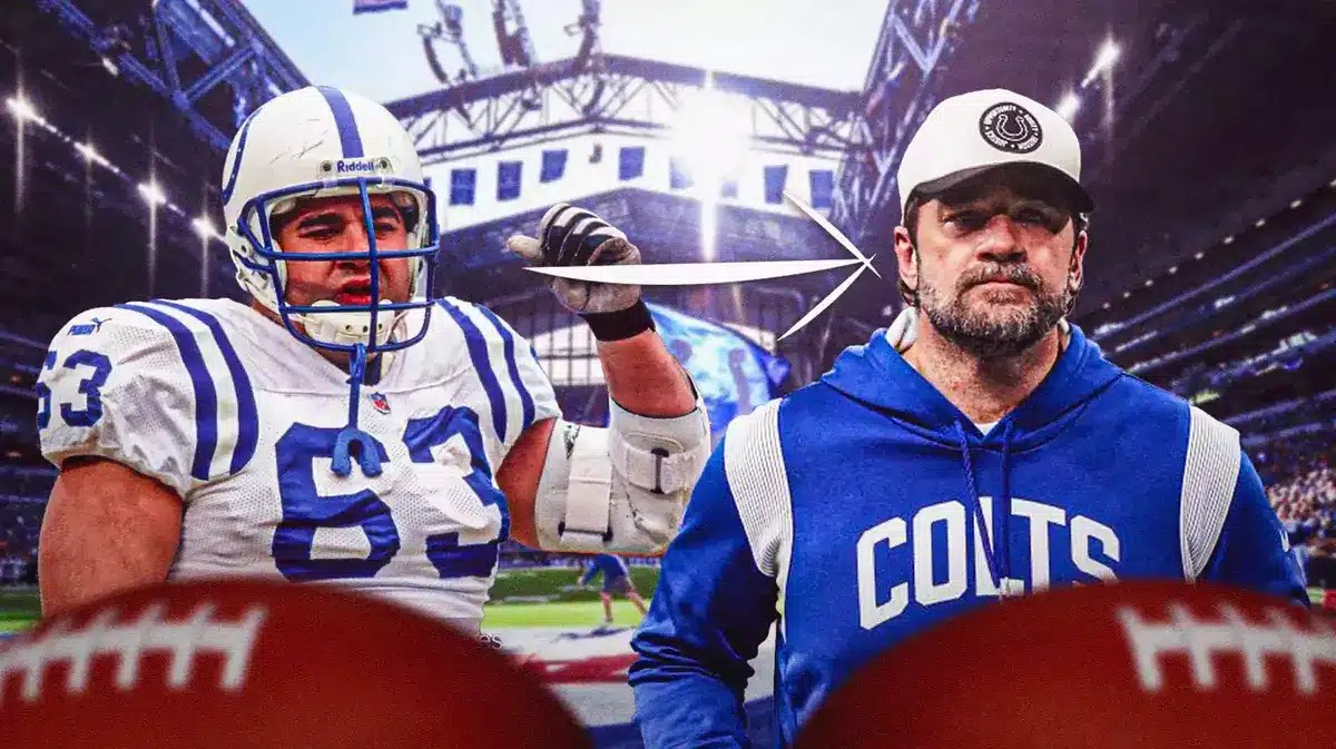 Jeff Saturday coaching in Colts gear and playing in Colts jersey