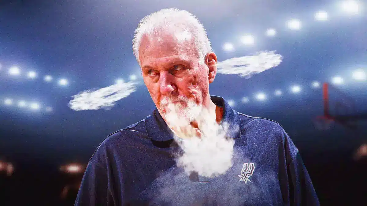 Spurs' Gregg Popovich with smoke coming out of ears and looking angry.
