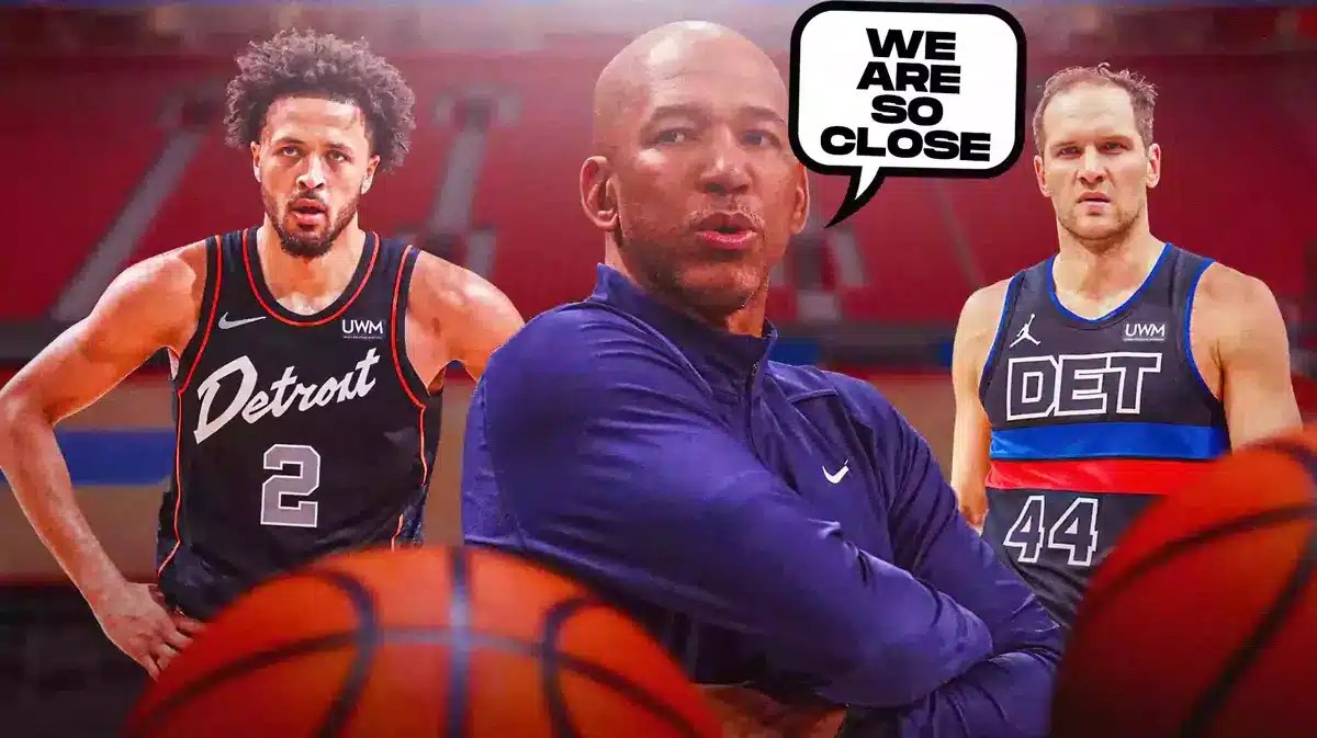 Monty Williams saying "We are so close" alongside Cade Cunningham and Bojan Bogdanovic
