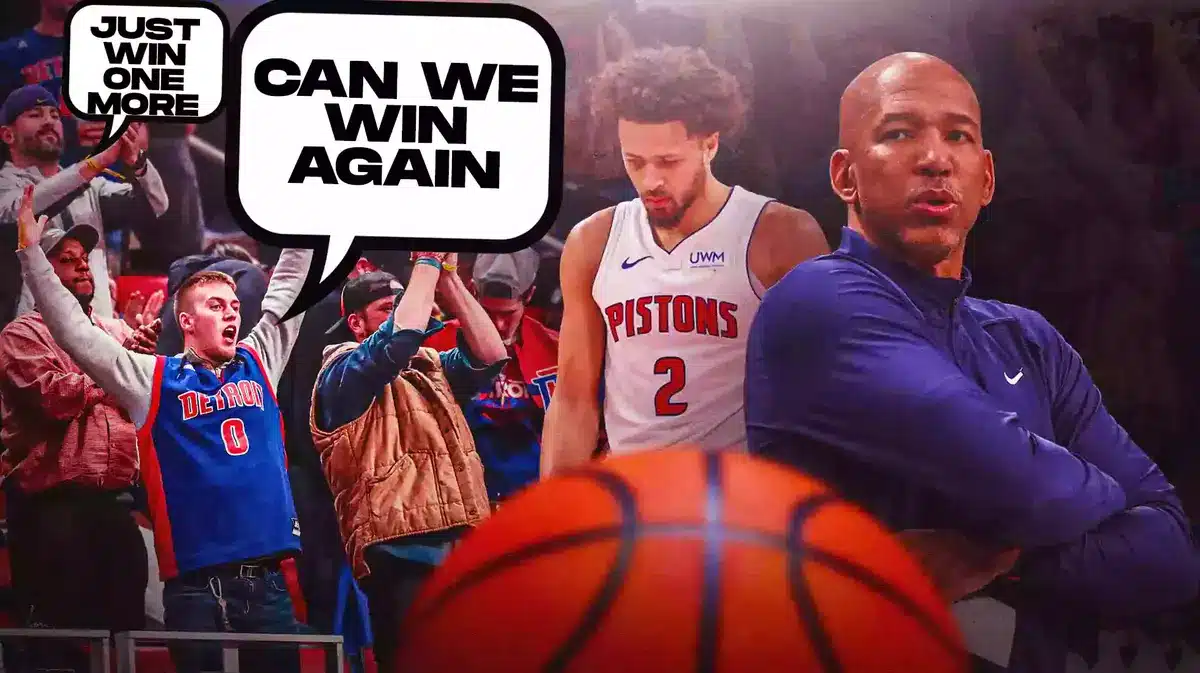 Pistons fans saying "Will we win again" and "Just win one more" to Monty Williams and Cade Cunningham