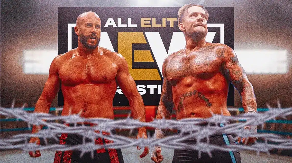 Claudio Castagnoli next to CM Punk with the AEW logo behind them.