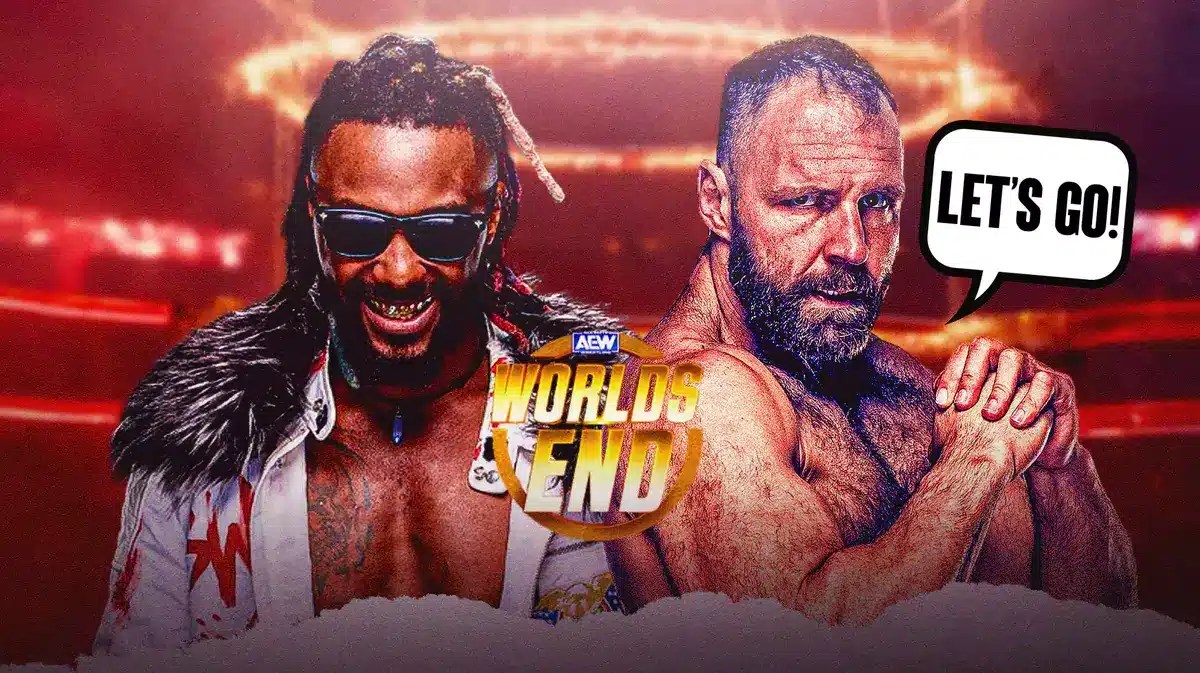 Jon Moxley with a text bubble reading “Let’s go!” next to Swerve Strickland with the AEW Worlds End logo as the background.