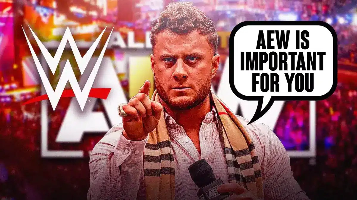 MJF with a microphone and a text bubble reading “AEW is important for you” looking at the WWE logo with the AEW logo as the background.