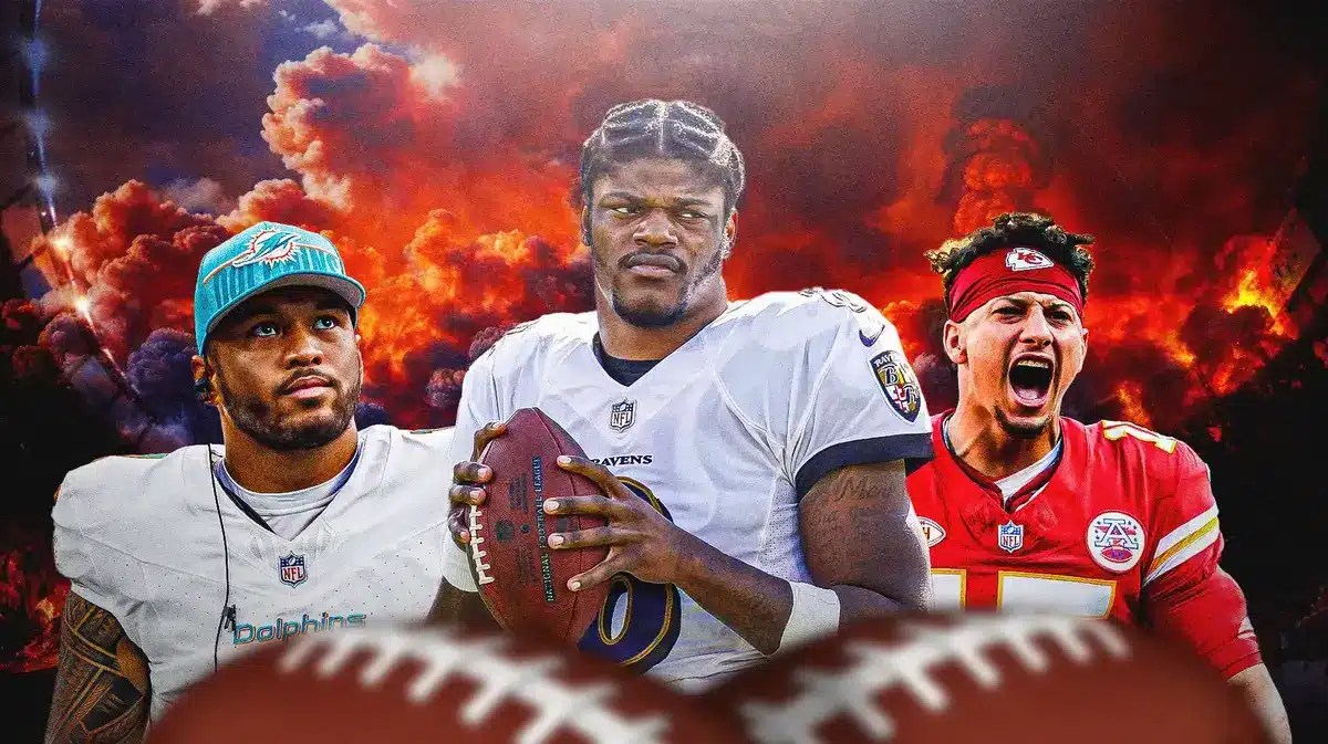 Baltimore Ravens' Lamar Jackson, Miami Dolphins' Tua Tagovailoa, and Kansas City Chiefs' Patrick Mahomes standing to each other.