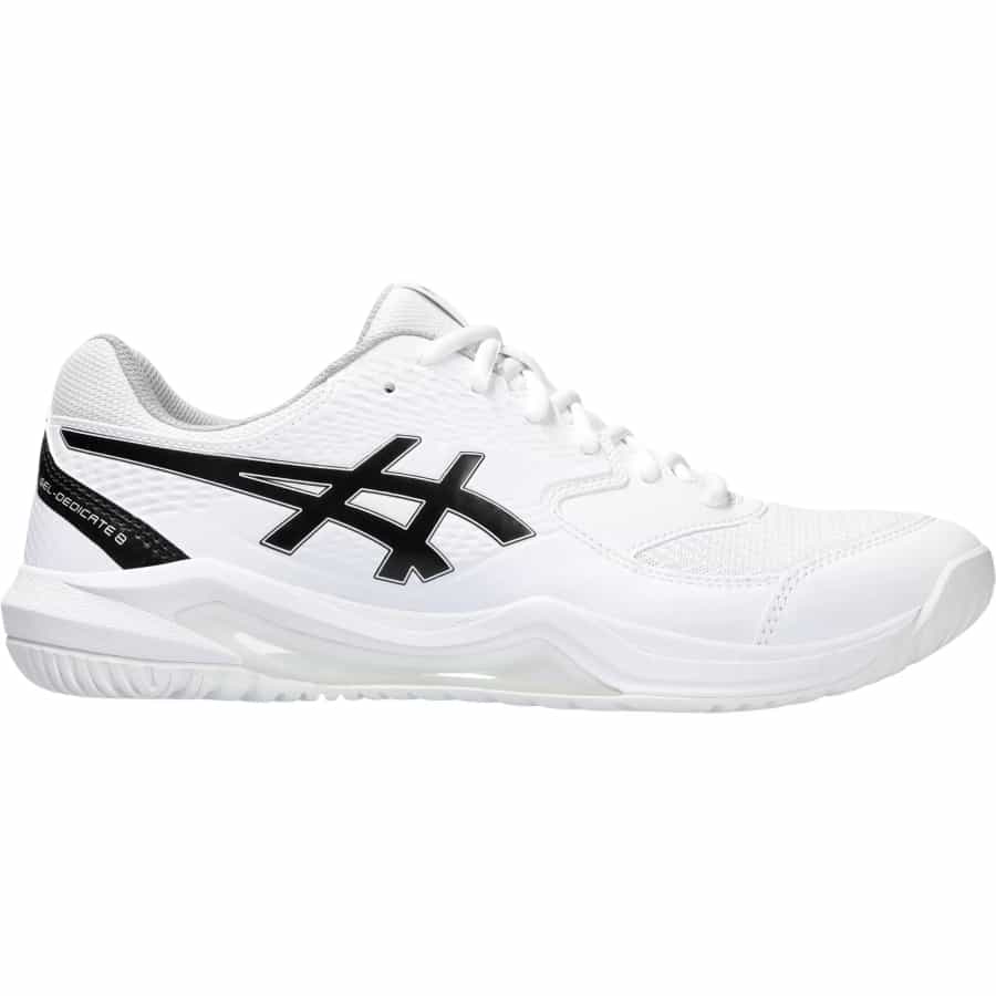 ASICS Men's Gel-Dedicate 8 Pickleball Shoes - White/Black colorway on a white background.