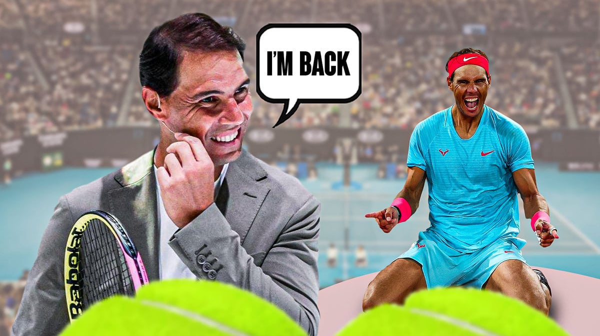 Rafael Nadal in middle of image looking happy with speech bubble: “I’m back” , Australian Open tennis court in background