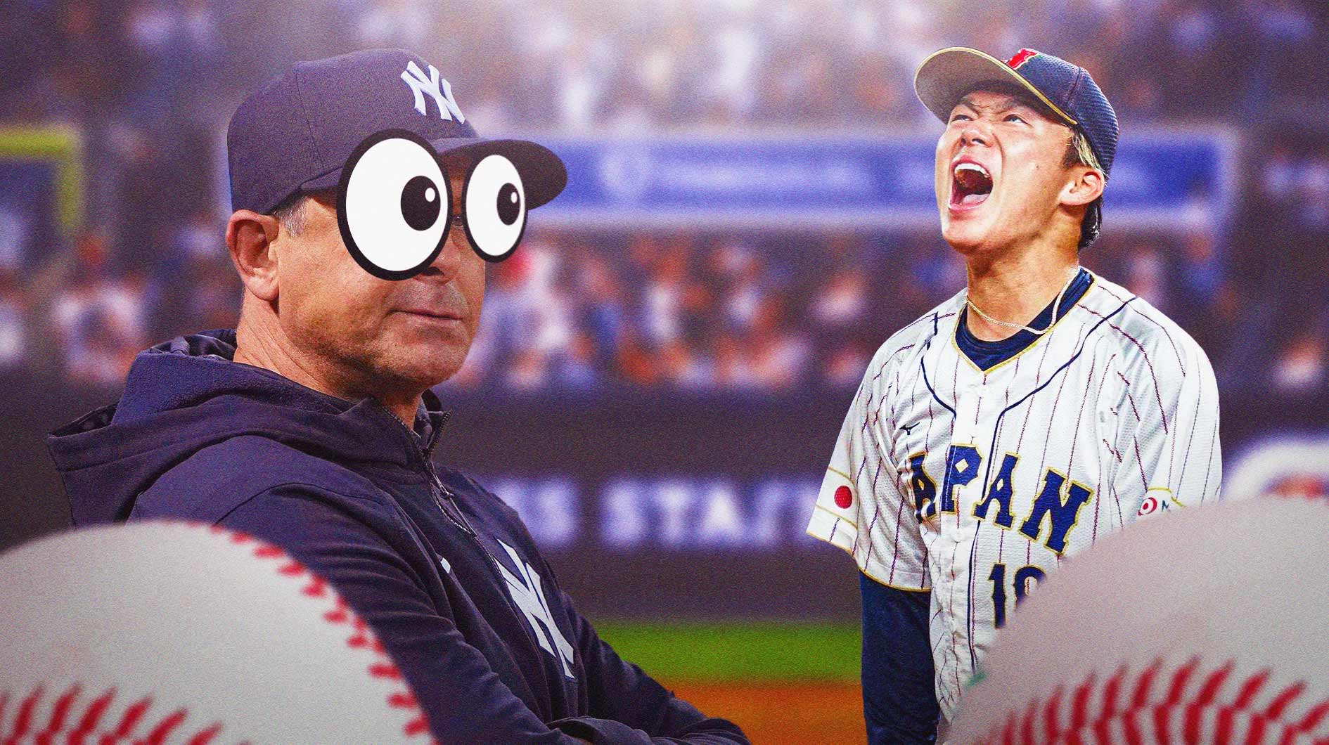 Photo: Aaron Boone with peeping eyes looking at Yoshinobu Yamamoto in Yankees jersey
