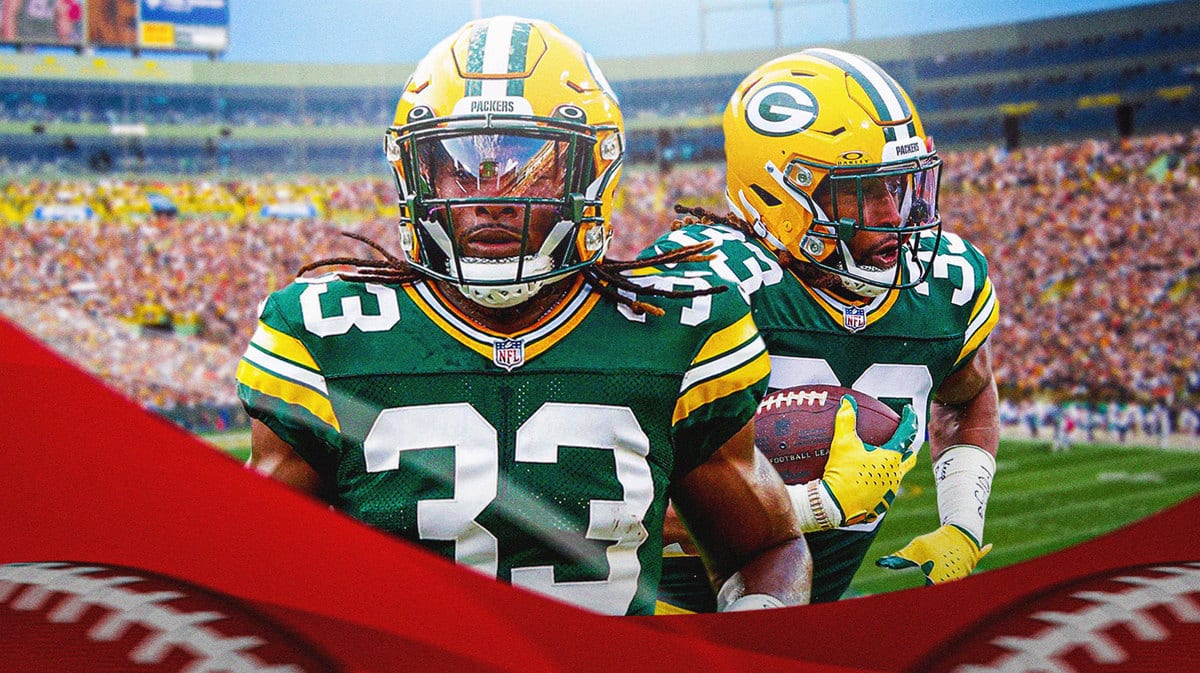 Green Bay Packers star Aaron Jones in front of Lambeau Field.