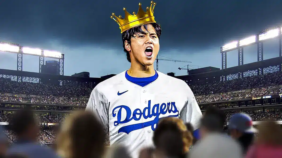 Shohei Ohtani in Dodgers jersey with a crown on his head
