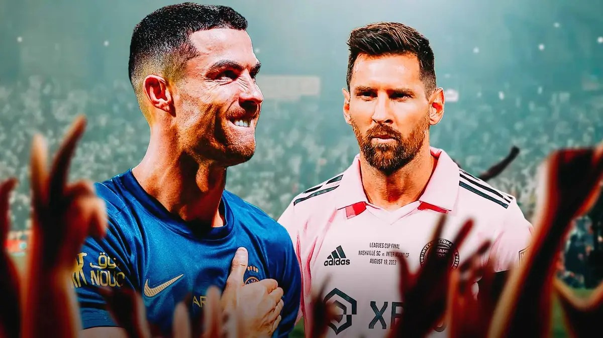 Cristiano Ronaldo celebrating in front of Lionel Messi