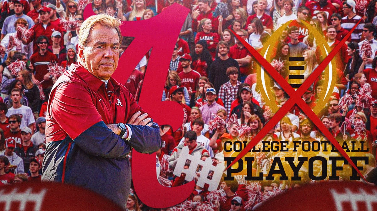 Photo: Nick Saban with Alabama logo and Crimson Tide fans behind him, also the College Football Playoff logo with an “X” on it