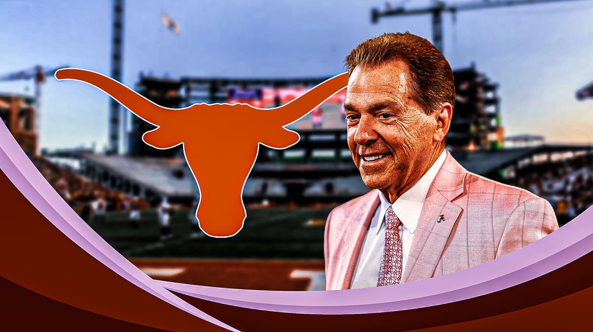 Alabama football head coach Nick Saban next to the Texas logo in front of Bryant-Denny Stadium.